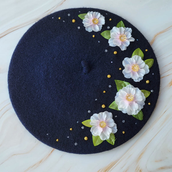 Navy Cherry Blossom Beret